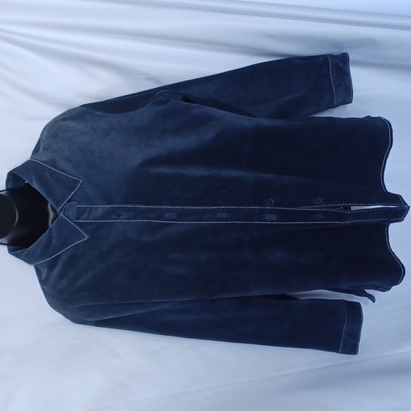 Dialogue genuine suede fully lined knee length jacket in blue w/white stitching - Picture 1 of 7